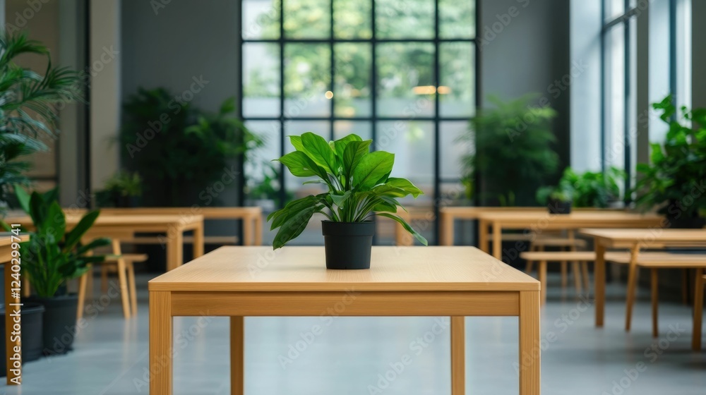 Obraz premium Bright and Airy Coworking Space with Sustainable Design Solar Powered Lighting and Lush Greenery Accents Promoting a Collaborative and Eco Conscious Business Culture