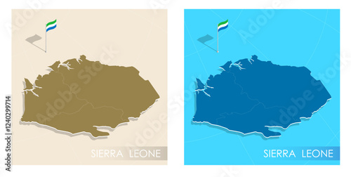 Sierra Leone country flag installed on geographic positioning map point of country territory. Sierra Leone commonwealth banner on land and sea. Festive patriotic HD format template independence day