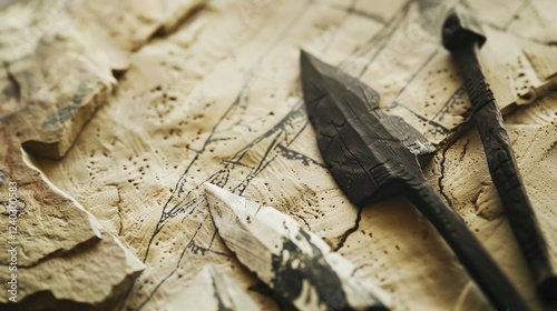Close-up of ancient stone tools on a textured wooden surface, showcasing intricate details and craftsmanship, representing early human innovation and historical artifacts.