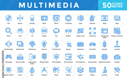 Multimedia icons set with flip, mirror, overlay, mask, blend, transition, fade, dissolve, wipe, slide icon. Simple retro vector 
