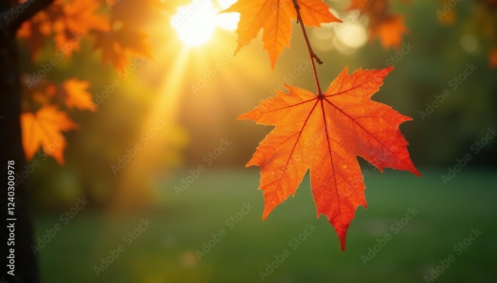 Fototapeta premium Maple leaf's delicate shape basks in sunlight, landscape, tree, branch