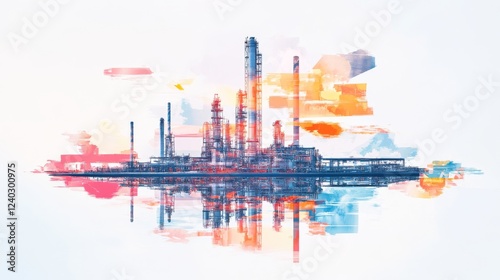 Vector Silhouette Industry - Oil industry with analogs for oil production - process industry and refinery in the background