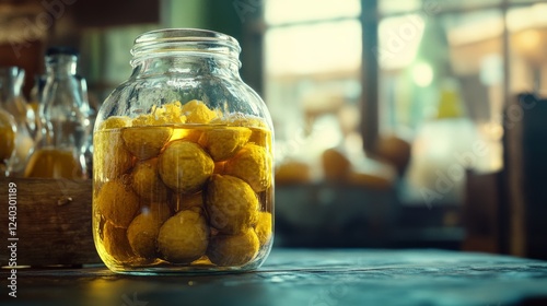 Sunlit lemons immersed in a jar of golden liquid evoke a sense of warmth, preserving a slice of vibrant life within glass confines. photo