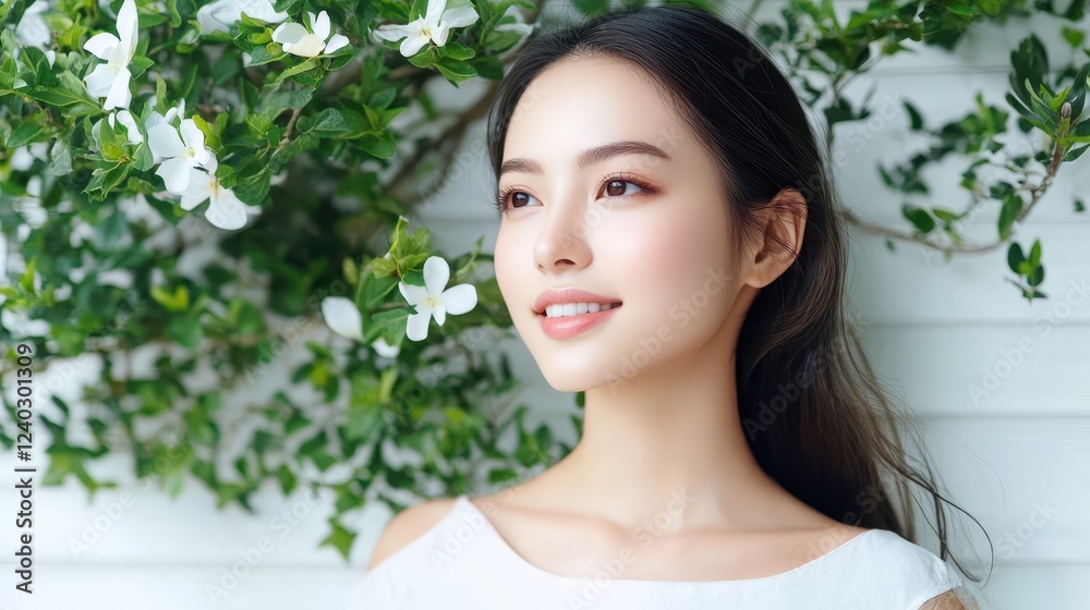 Natural Beauty and Radiant Glow – Young Asian Woman with Fresh Skin and Flowers Natural Beauty and Radiant Glow – Young Asian Woman with Fresh Skin and Flowers