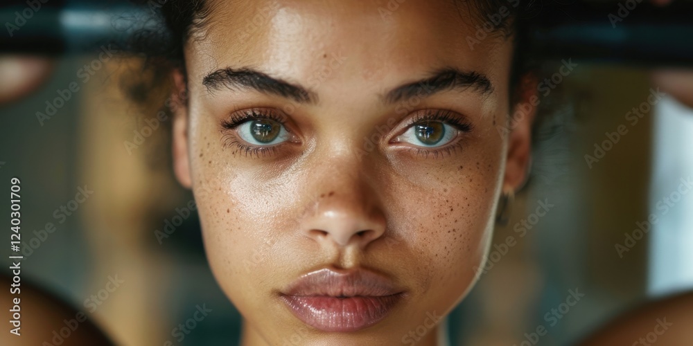 © Soba - Close-up portrait of a person with intense gaze and natural beauty. National African-American Women's Fitness Month © Soba - Close-up portrait of a person with intense gaze and natural beauty. National African-American Women's Fitness Month