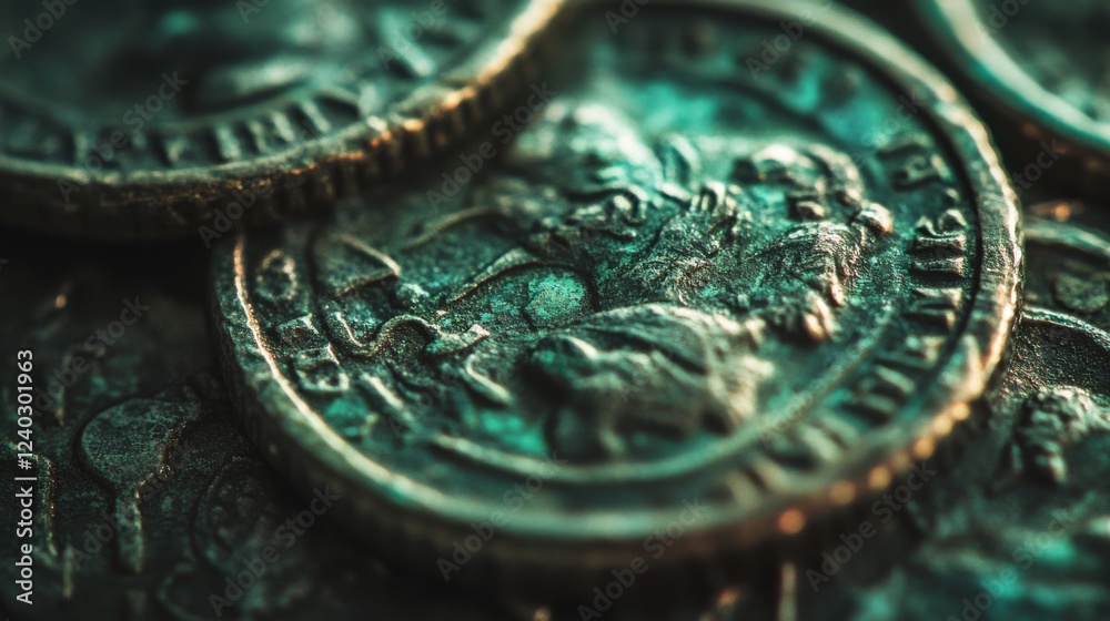 A close-up of ancient coins with intricate details reflecting light, evoking history and mystery. A close-up of ancient coins with intricate details reflecting light, evoking history and mystery.
