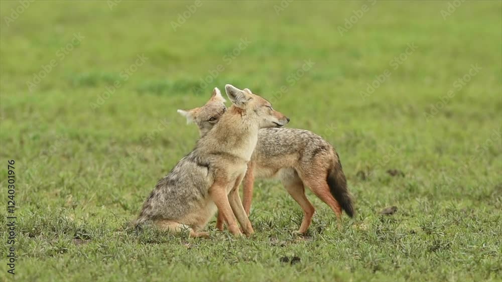 Two young wild Coyotes grooming in Tanzania grassland Two young wild Coyotes grooming in Tanzania grassland