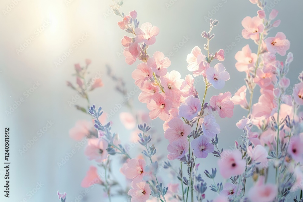 Delicate pink flowers bathed in sunlight, a serene and peaceful floral scene. Delicate pink flowers bathed in sunlight, a serene and peaceful floral scene.