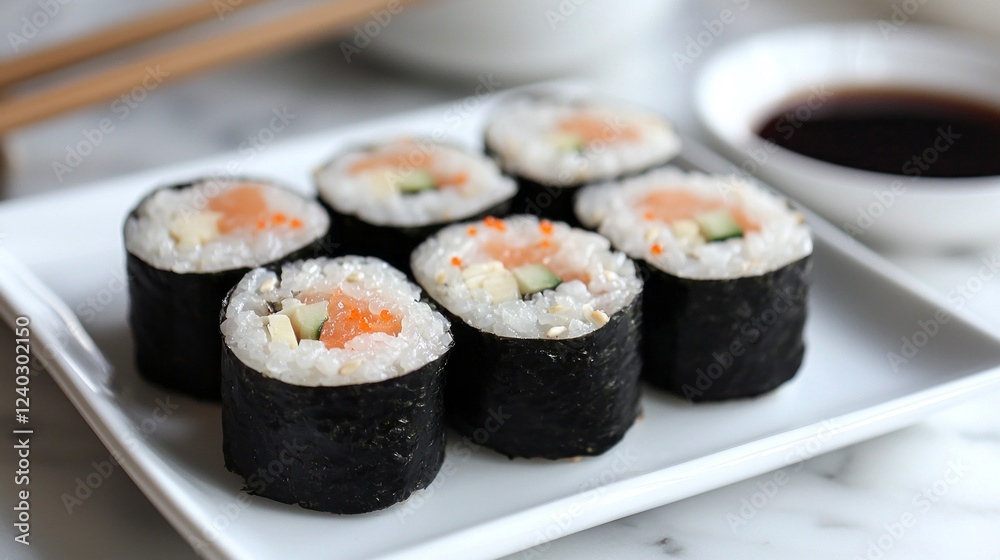A serving of fresh sushi rolls rests elegantly on a pristine white plate, showcasing vibrant colors and textures A serving of fresh sushi rolls rests elegantly on a pristine white plate, showcasing vibrant colors and textures