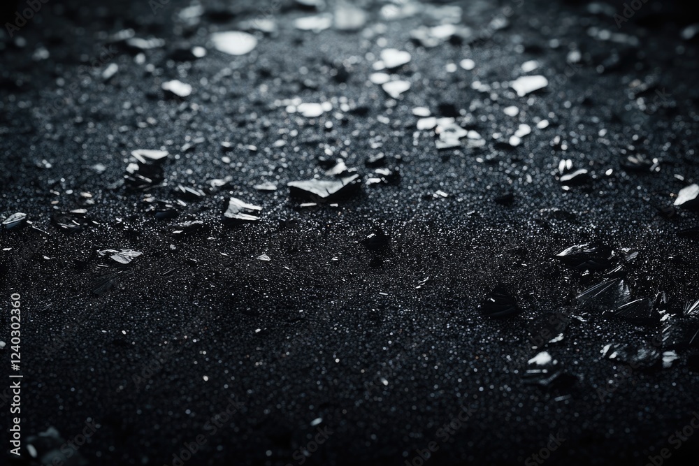Dark, wet surface scattered with small, sharp, black fragments. Dark, wet surface scattered with small, sharp, black fragments.
