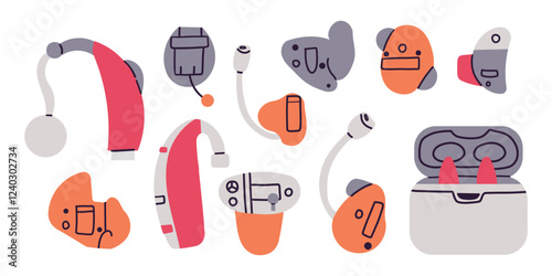 Hearing aid icons set cartoon. Vector illustration of hearing aid ear volume hand drawn doodle flat style isolate on white . Loud health medicine . World hearing day .