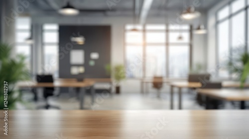 Modern Office Workspace with Wooden Desk and Natural Light photo