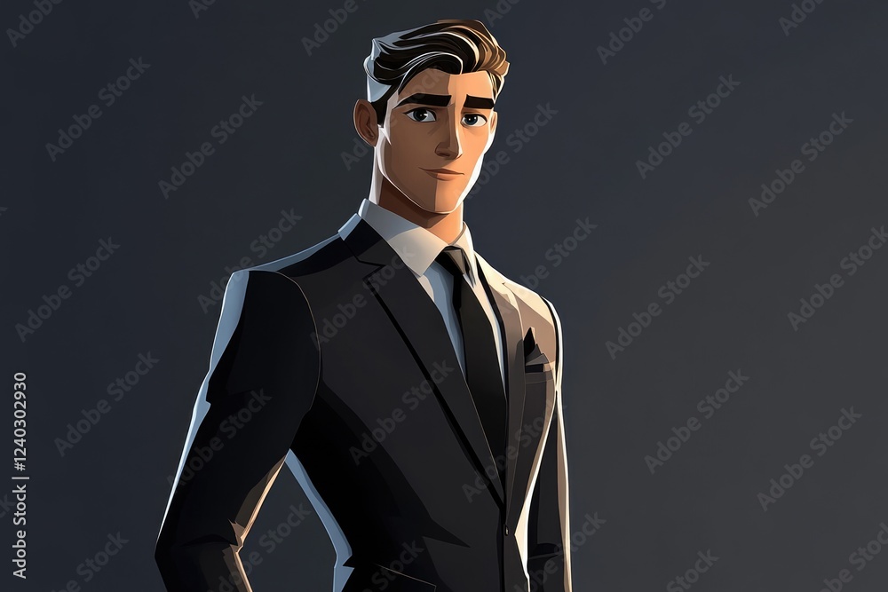 A stylized illustration of a confident, handsome man in a dark suit, exuding power and sophistication. A stylized illustration of a confident, handsome man in a dark suit, exuding power and sophistication.