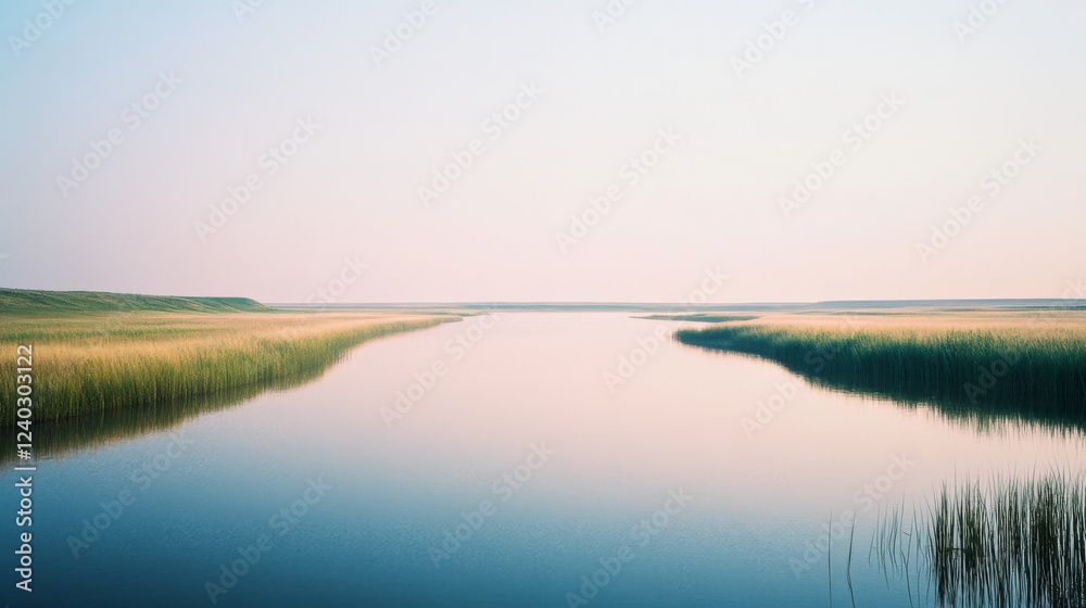 Fototapeta premium A tranquil waterway flows through grassy banks beneath a vast, pastel sky, creating a peaceful and harmonious natural scene.