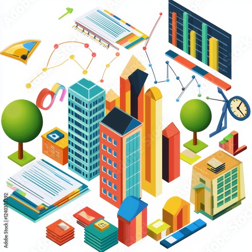 Colorful Vector Illustration of Urban Development and Business Growth Icons with Buildings, Charts, and Graphs