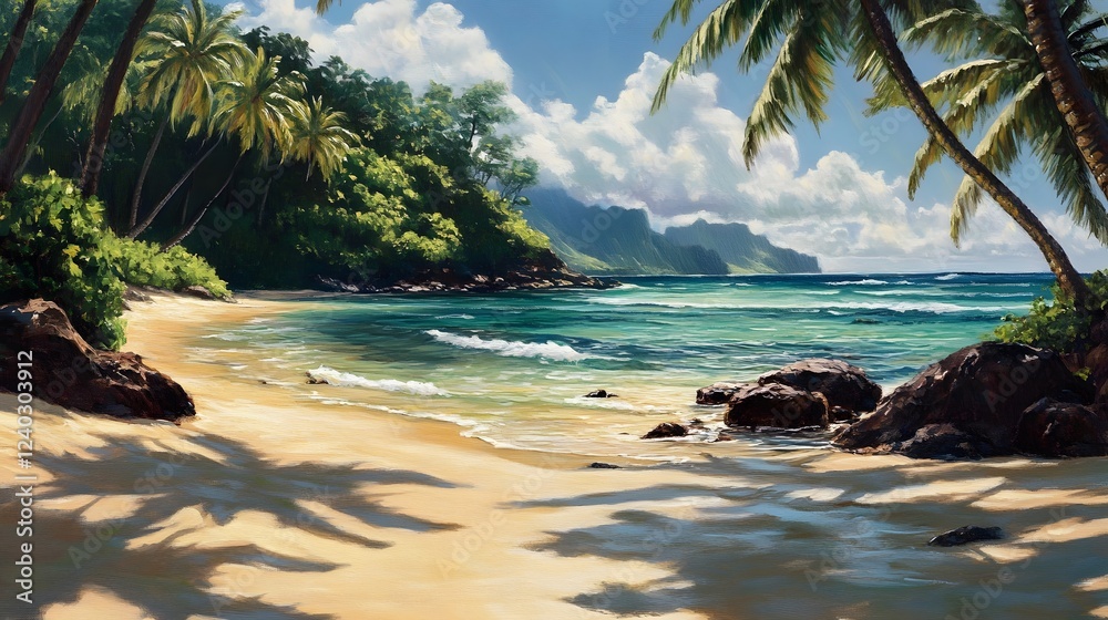 Fototapeta premium Serene tropical beach scene, lush green mountains, clear turquoise waters, soft sand under palm trees, perfect for relaxation.