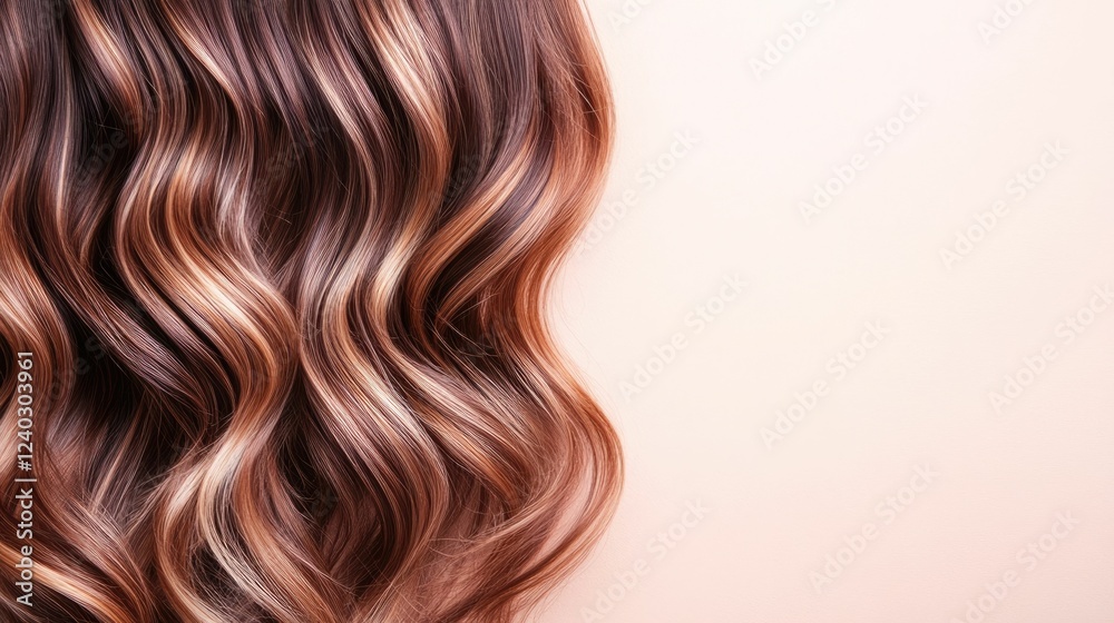 Naklejka premium Luxurious and Voluminous Curly Hairstyle in Chocolate Brown Color with Caramel Balayage Highlights Showcasing a Stunning and Elegant Look in a Studio Setting