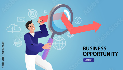 Business opportunity and market analysis concept. A businessman with a magnifying glass searches for a new investment, finding a growth trend represented by a rising arrow for a successful strategy.