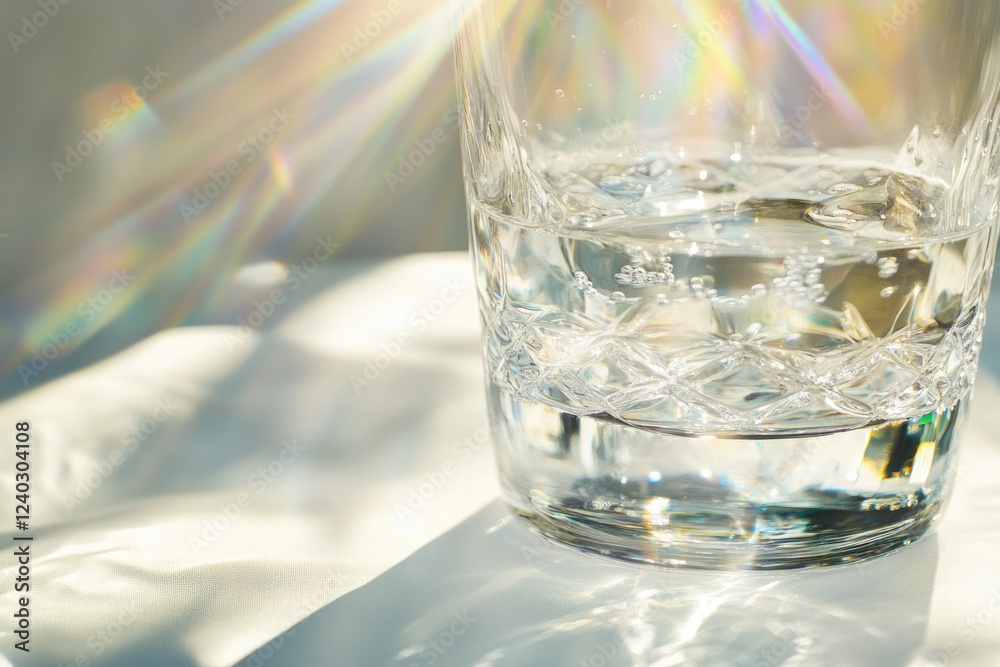 A glass of sparkling water sits on a white surface, illuminated by sunlight creating a rainbow refraction effect. A glass of sparkling water sits on a white surface, illuminated by sunlight creating a rainbow refraction effect.
