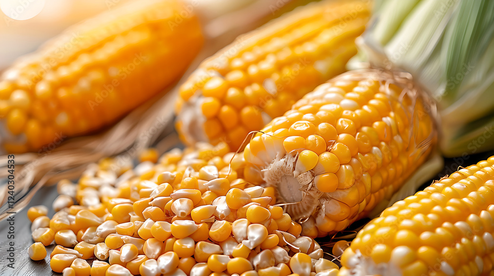 Fresh corn on cob with kernels spilling out, showcasing vibrant yellow colors Fresh corn on cob with kernels spilling out, showcasing vibrant yellow colors