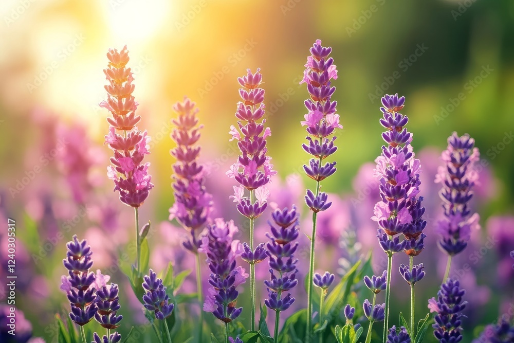 Naklejka premium A close-up of blooming flowers in a garden, showcasing roses and lavender with delicate petals and vibrant colors against a softly blurred green background