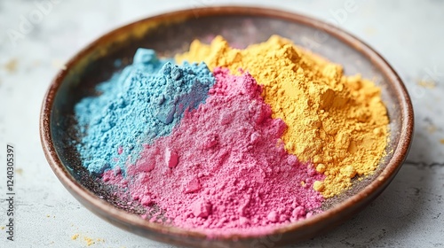 A close-up of colorful Holi powders spread out on a traditional plate, showcasing vibrant hues of pink, yellow, blue, and green, symbolizing the joyful spirit of the festival. photo