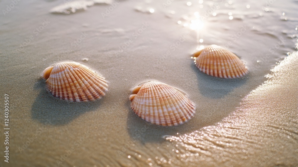 Three delicate seashells rest peacefully on wet sand, touched by gentle surf and sunlight, evoking serenity and the sound of ocean waves. Three delicate seashells rest peacefully on wet sand, touched by gentle surf and sunlight, evoking serenity and the sound of ocean waves.