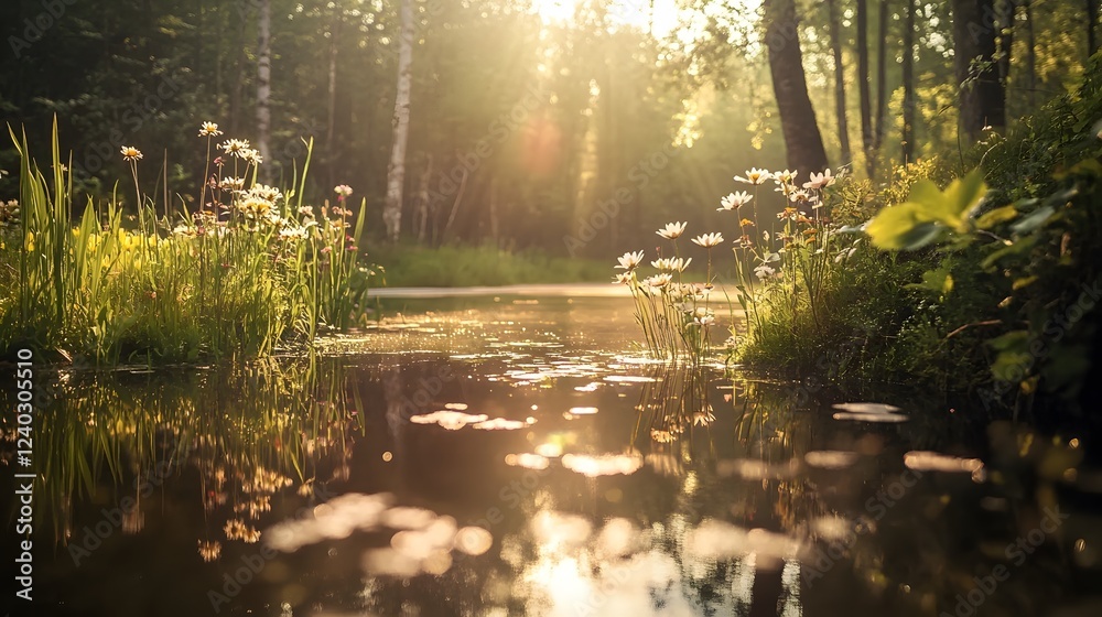 Obraz premium Sunlit forest path, tranquil scene with dappled sunlight filtering through greenery, serene atmosphere inviting exploration.