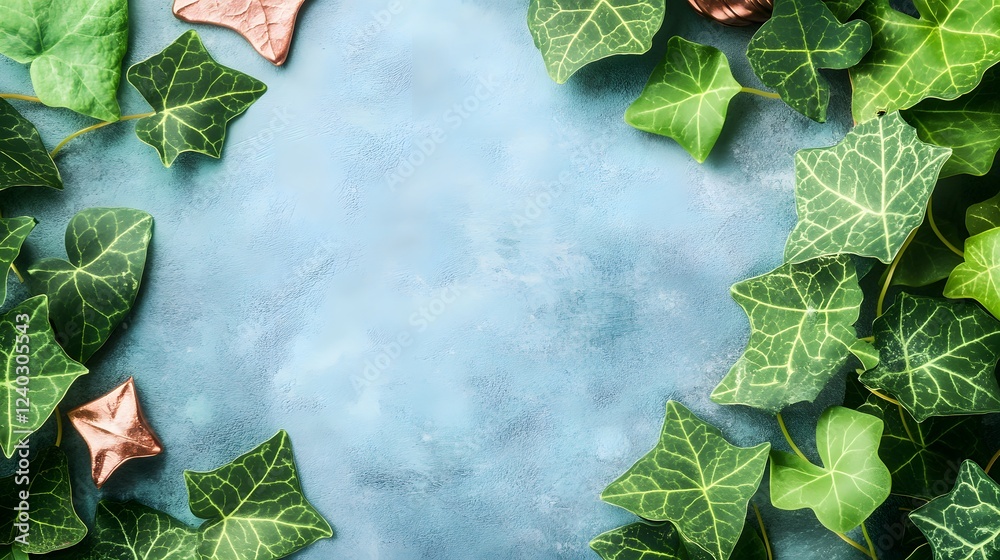 Fototapeta premium Vibrant Green Ivy Leaves Border on Blue Background with Rose Gold Accents