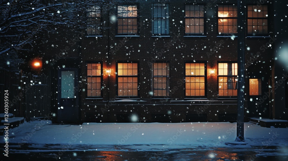 Obraz premium A warmly lit building is seen from the street as snow gently falls, creating a cozy winter evening scene.
