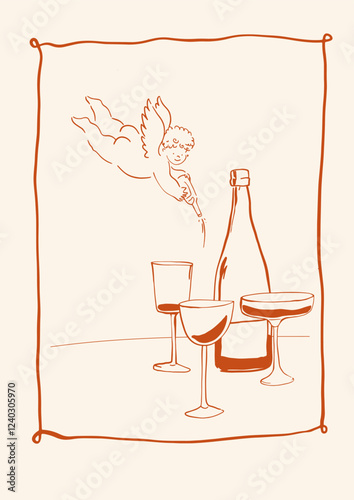 A whimsical and playful illustration features an angelic figure pouring wine. A table is elegantly set with plates, glasses, and a shining candle, creating a warm and inviting ambiance.