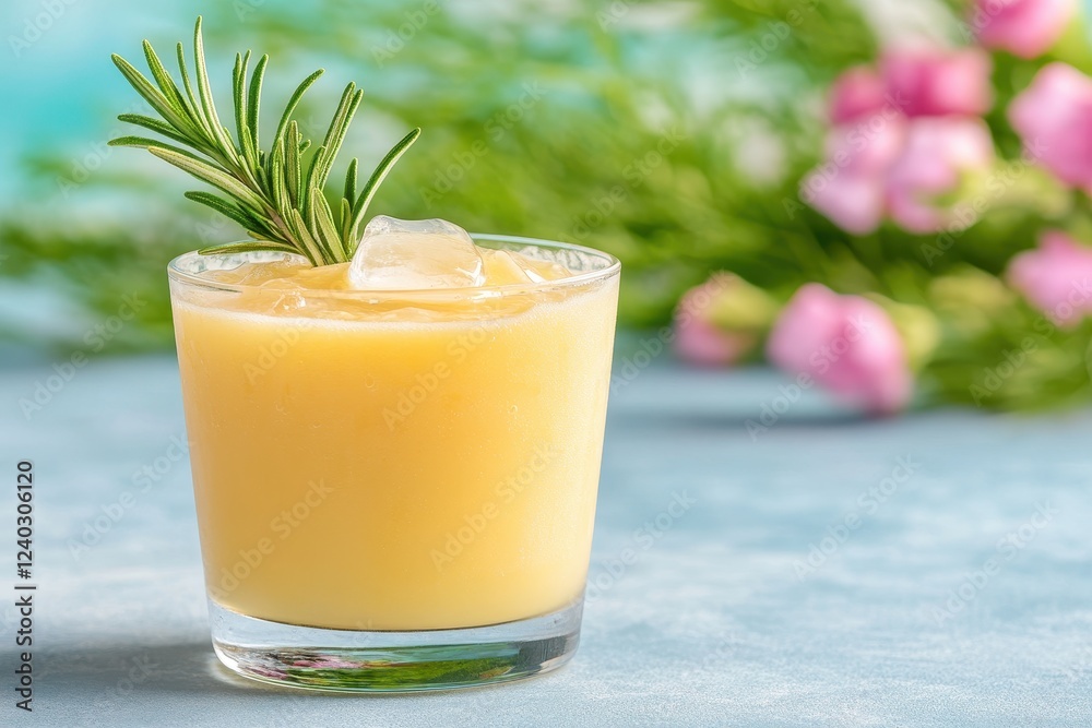 Refreshing Aam Panna Drink with Ice Cubes and Rosemary Garnish Refreshing Aam Panna Drink with Ice Cubes and Rosemary Garnish