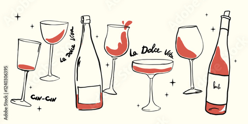 Beautiful collection with Wine Alcohol glasses and bottles. Stock clip art illustration for menus and invitations.