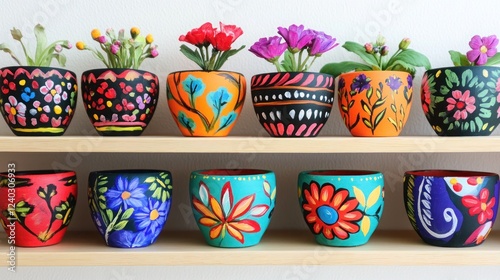 A colorful collection of hand-painted mini flower pots, displayed on a light wooden shelf.