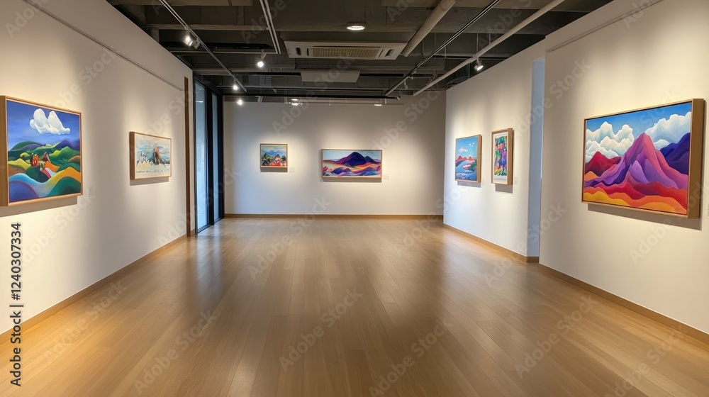 Art exhibition featuring vibrant landscape paintings modern gallery visual arts contemporary setting indoor creative expression Art exhibition featuring vibrant landscape paintings modern gallery visual arts contemporary setting indoor creative expression