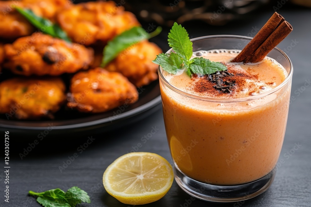 Warm Masala Chai with Cinnamon Stick and Mint Garnish Warm Masala Chai with Cinnamon Stick and Mint Garnish