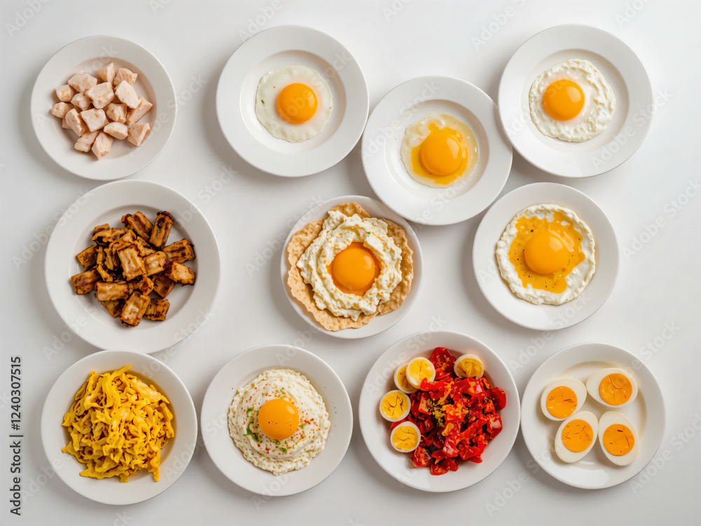 Different ways of cooking eggs on plates with white background Different ways of cooking eggs on plates with white background