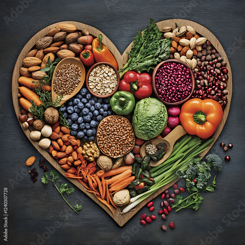Healthy Foods Arranged in Heart Shape for Balanced Diet