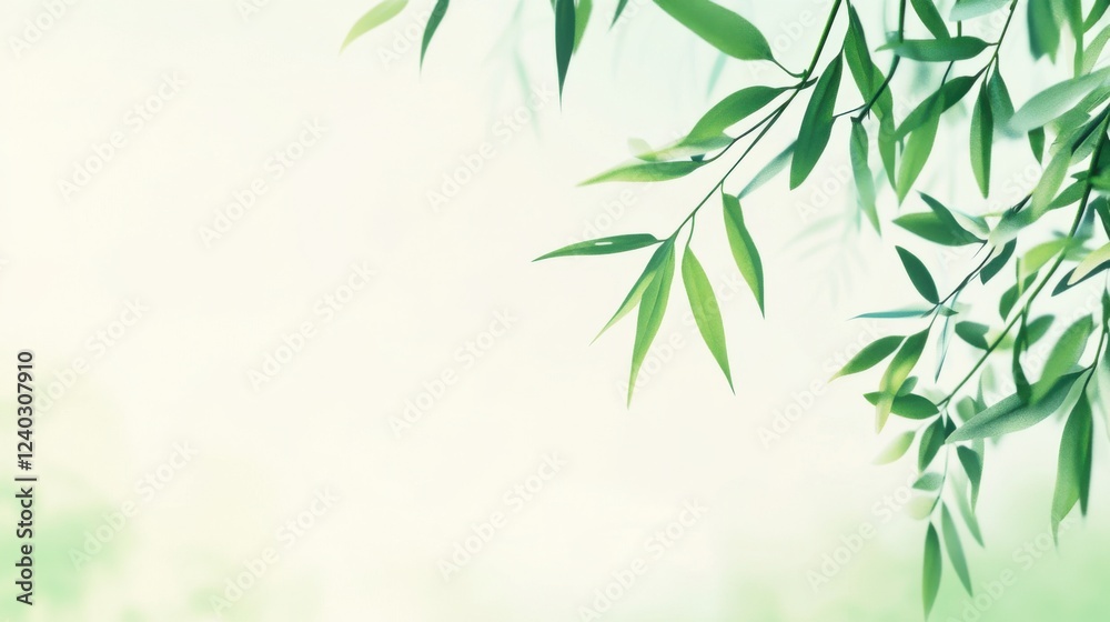 Fototapeta premium Delicate willow branches in fresh green, soft morning light, serene and minimalist Qingming Festival scene.