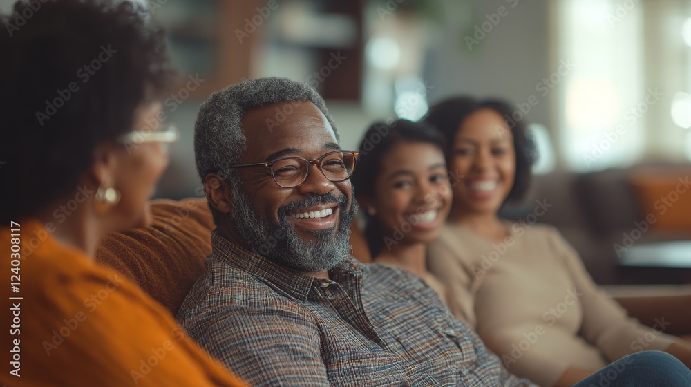 Fototapeta premium A joyful family gathering in a cozy living room, with multiple generations sitting together, laughing, enjoying each other's company. Warm lighting creates a welcoming, family-friendly atmosphere