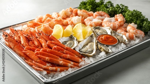 A large seafood platter featuring fresh oysters, crab legs, shrimp, and lemon wedges arranged on crushed ice, served on a silver tray with a side of cocktail sauce. photo