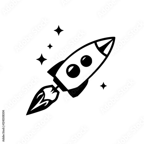 Black and white rocket launching into space.  A simple vector graphic symbolizing innovation, technology, and the pursuit of new frontiers. Ideal for websites, apps, and presentations.