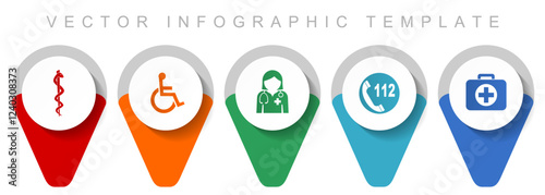 Healthcare pointer collection, miscellaneous icons such as cadyceus, first aid, doctor, emergency call and wheelchair, flat design vector infographic template in eps 10
