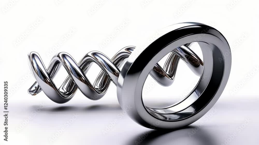 Metallic silver chrome spiral ring rotating dynamically, transforming seamlessly across minimalist white surface, revealing geometric abstract motion design element Metallic silver chrome spiral ring rotating dynamically, transforming seamlessly across minimalist white surface, revealing geometric abstract motion design element