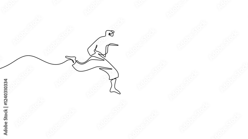 One single continuous line drawing animation of Taekwondo and Karate training. Two senior men practice taekwondo by attacking using legs and hand blows hand draw isolated on white background