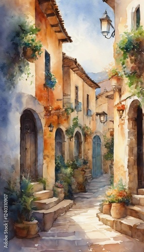 Mediterranean alley watercolor