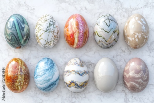 flat lay of aesthetic Easter eggs with various patterns on white marble background  photo