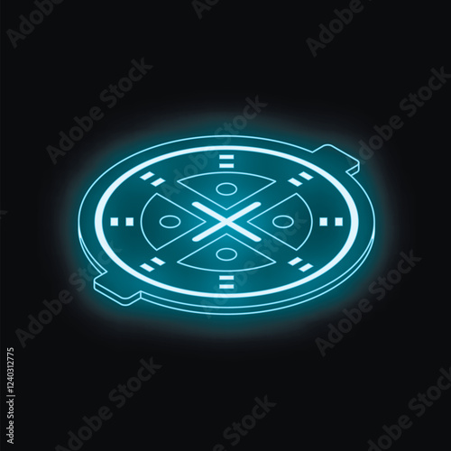 Neon blue isometric manhole cover glowing on a black background