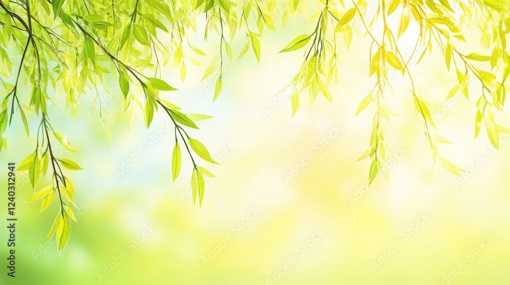 Delicate willow branches in fresh green, soft morning light, serene and minimalist Qingming Festival scene.