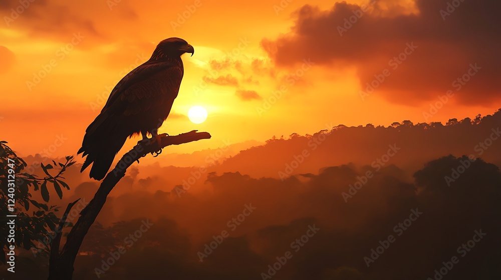 Fototapeta premium Eagle on branch sunset in hills, usenature stock image